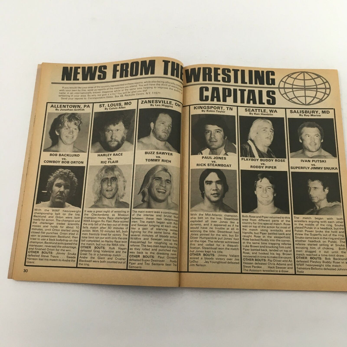 Inside Wrestling Magazine February 1983 'News from the Wrestling Capitals' section featuring portrait images of prominent wrestlers including Bob Orton and Ric Flair.