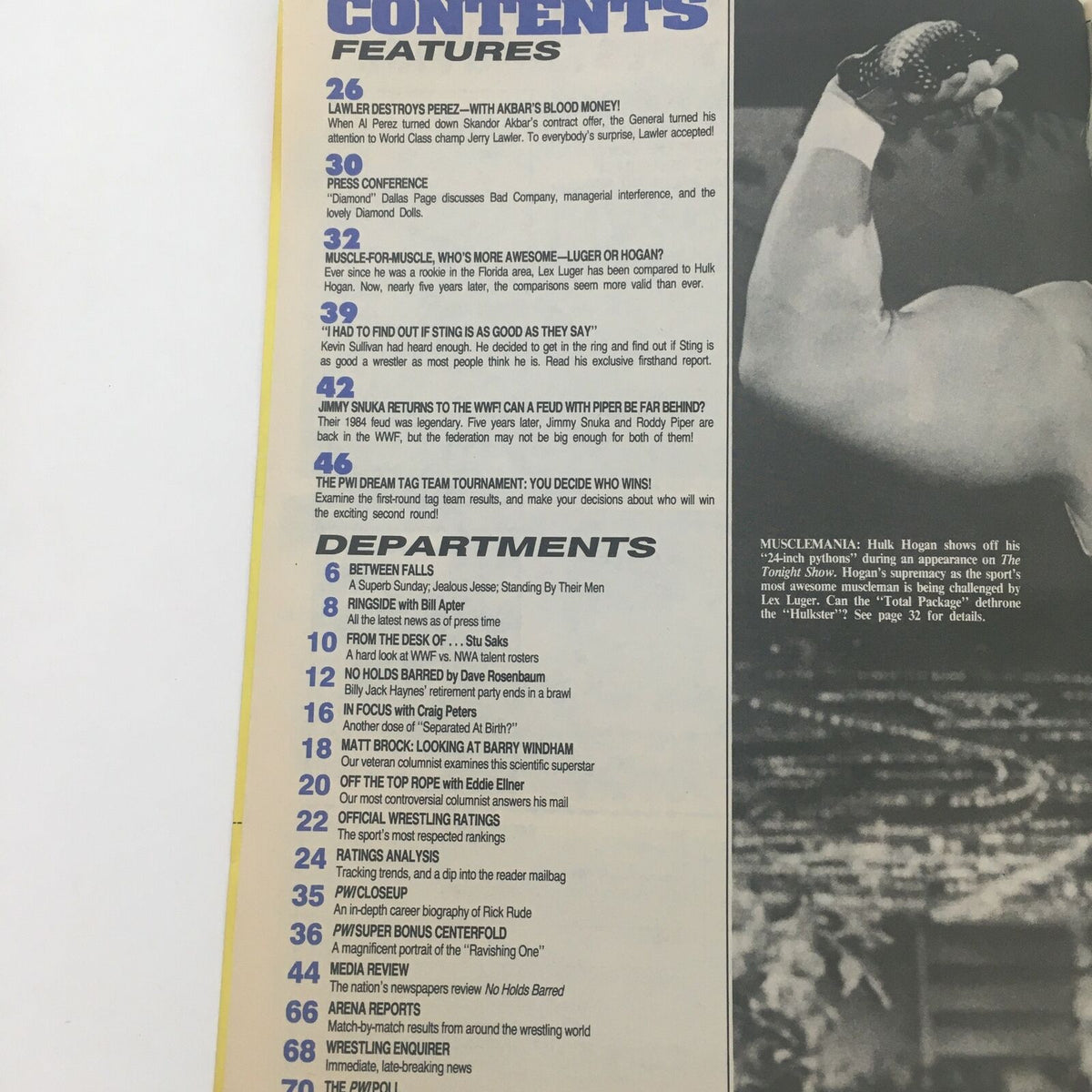 Table of contents page from Pro Wrestling Illustrated Magazine October 1989, detailing feature articles including a comparison of Lex Luger and Hulk Hogan.