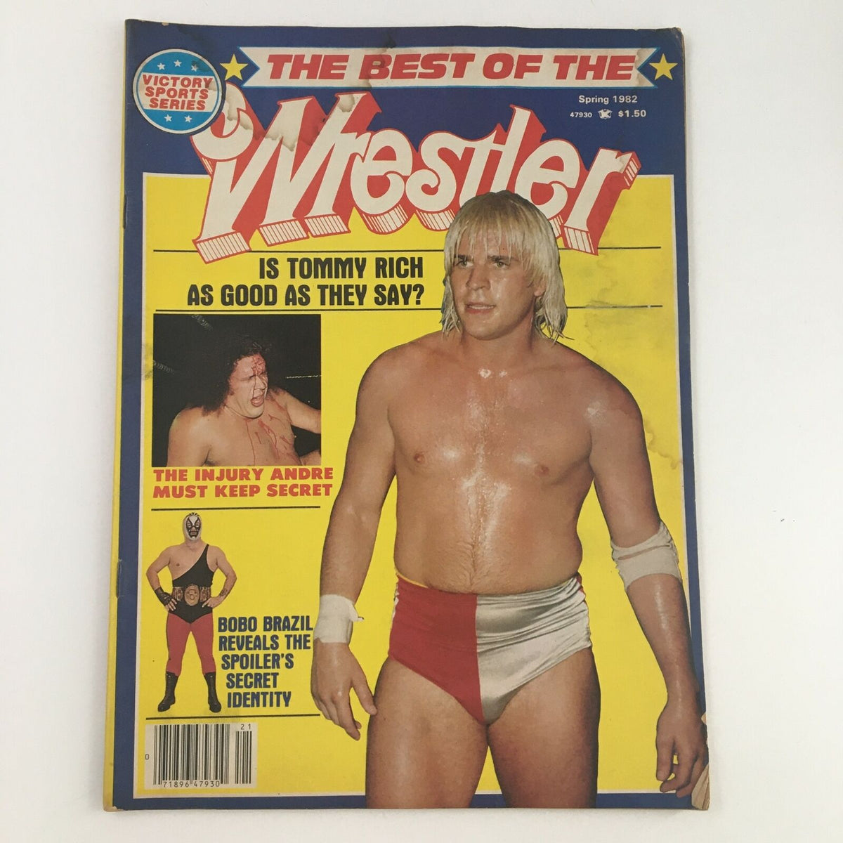 Cover of 'The Best of The Wrestler Spring 1982' featuring Tommy Rich and André the Giant, showcasing vibrant graphics and wrestling themes.