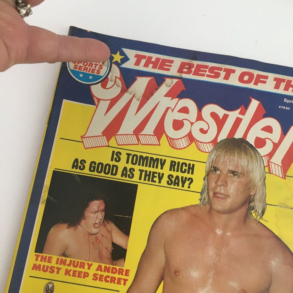 Close-up of the cover of 'The Best of The Wrestler Spring 1982', highlighting Tommy Rich's image with bold text asking if he is as good as claimed.