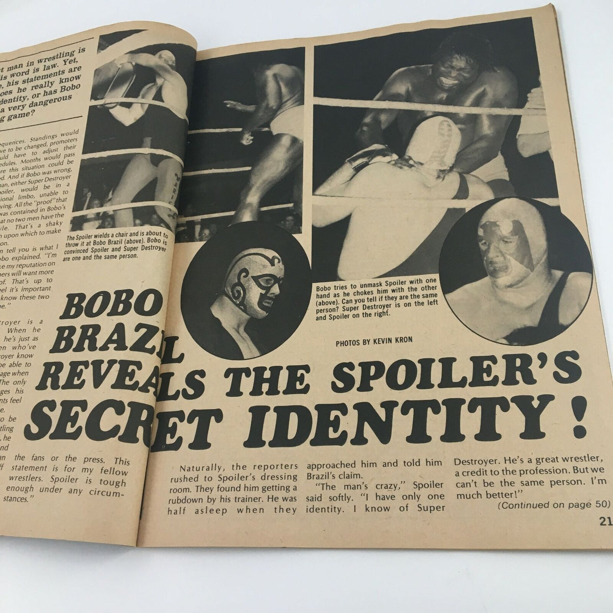 Page from 'The Best of The Wrestler Spring 1982' featuring Bobo Brazil discussing the Spoiler's secret identity, illustrated with wrestling action shots.