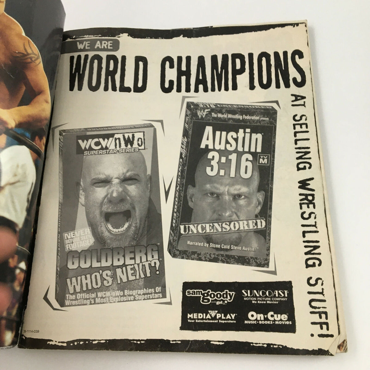 Inside page of WWF World of Wrestling Magazine May 1999 displaying advertisements for wrestling-related media, including Bill Goldberg's biography.