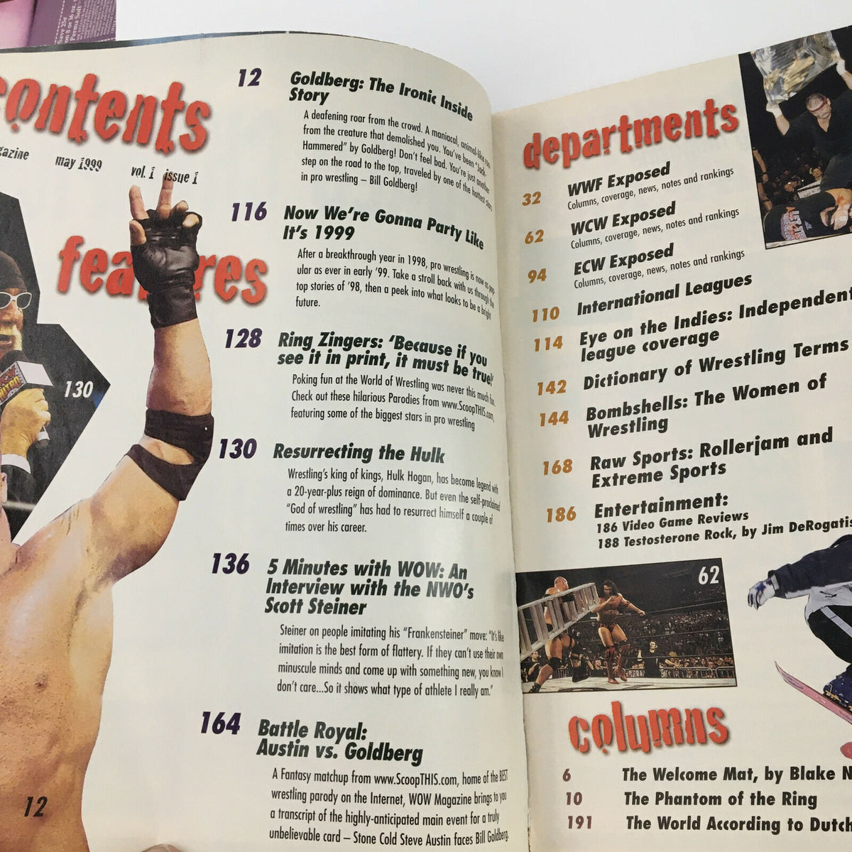 Contents page of WWF World of Wrestling Magazine May 1999 listing features and departments, including an article on Bill Goldberg.