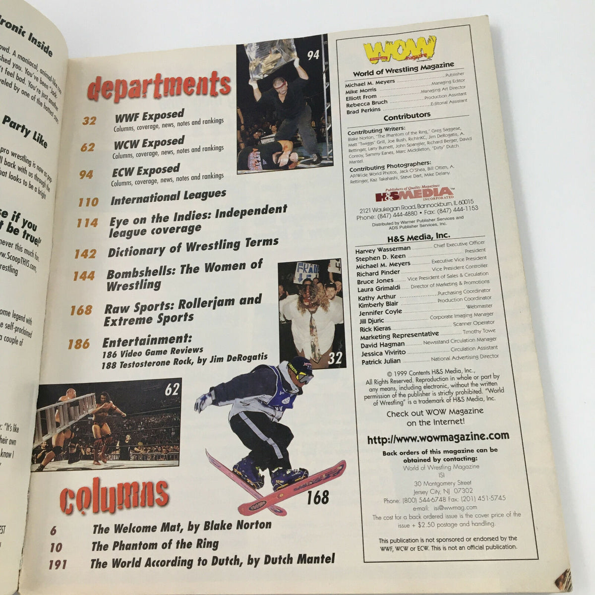 WWF World of Wrestling Magazine May 1999 content page featuring various wrestling departments, including key columns and topics covered in the issue.
