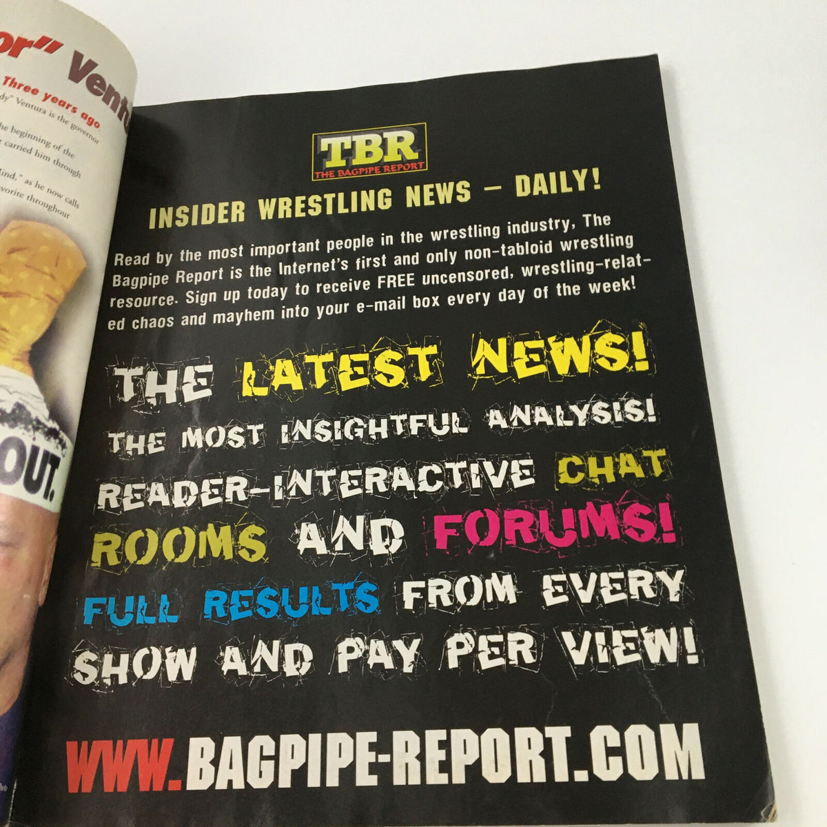 WWF World of Wrestling Magazine May 1999 advertisement page for The Bagpipe Report, highlighting insider wrestling news and features.