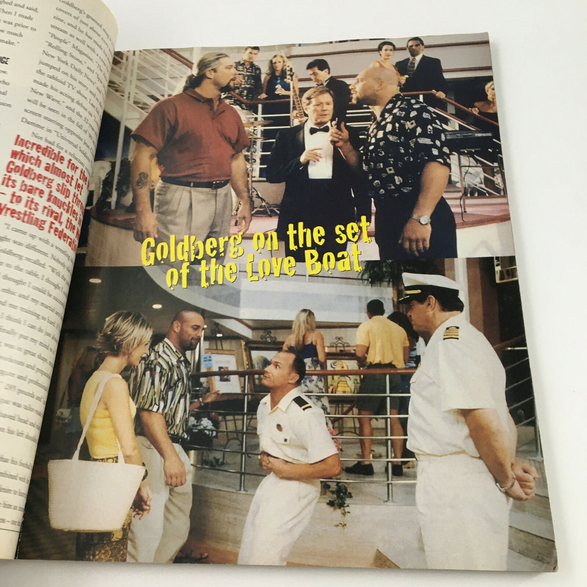 WWF World of Wrestling Magazine May 1999 image with Bill Goldberg on the set of The Love Boat, showcasing his crossover into television.