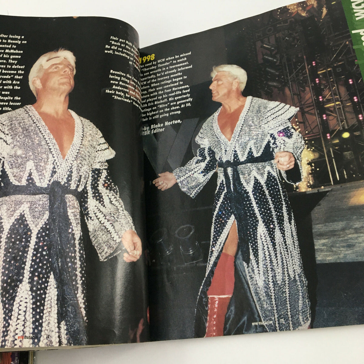 WWF World of Wrestling Magazine May 1999 image of Ric Flair in a flashy outfit, emphasizing the glamour and spectacle of wrestling.