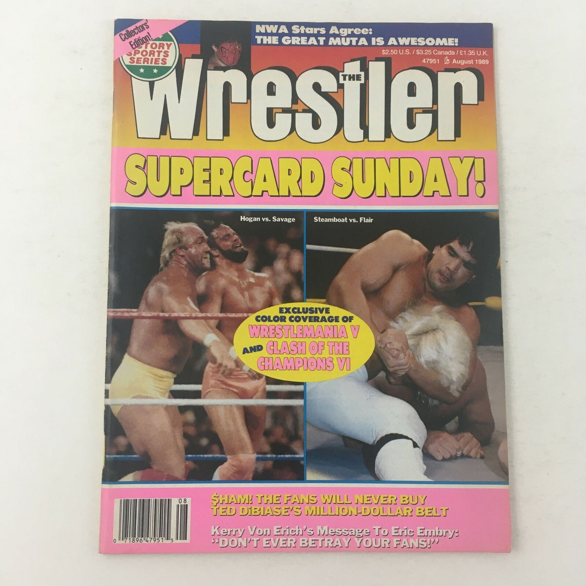 The Wrestler Magazine August 1989 featuring Hulk Hogan vs. Randy Savage in a wrestling showdown on the cover, highlighting the excitement of professional wrestling.