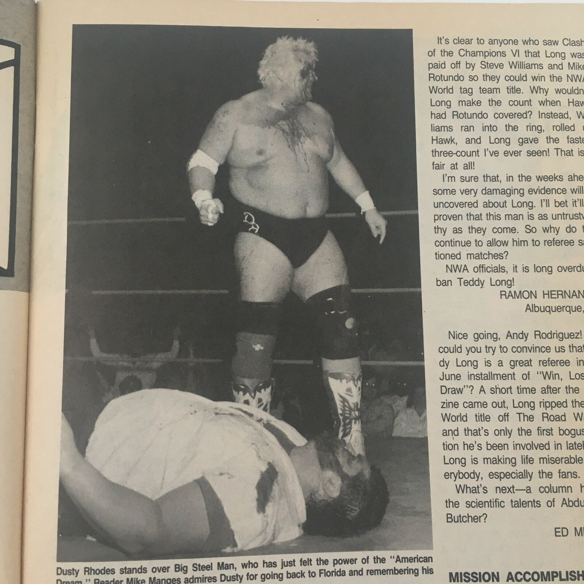 Black and white image from The Wrestler Magazine August 1989 showing Dusty Rhodes standing over an opponent in the wrestling ring.