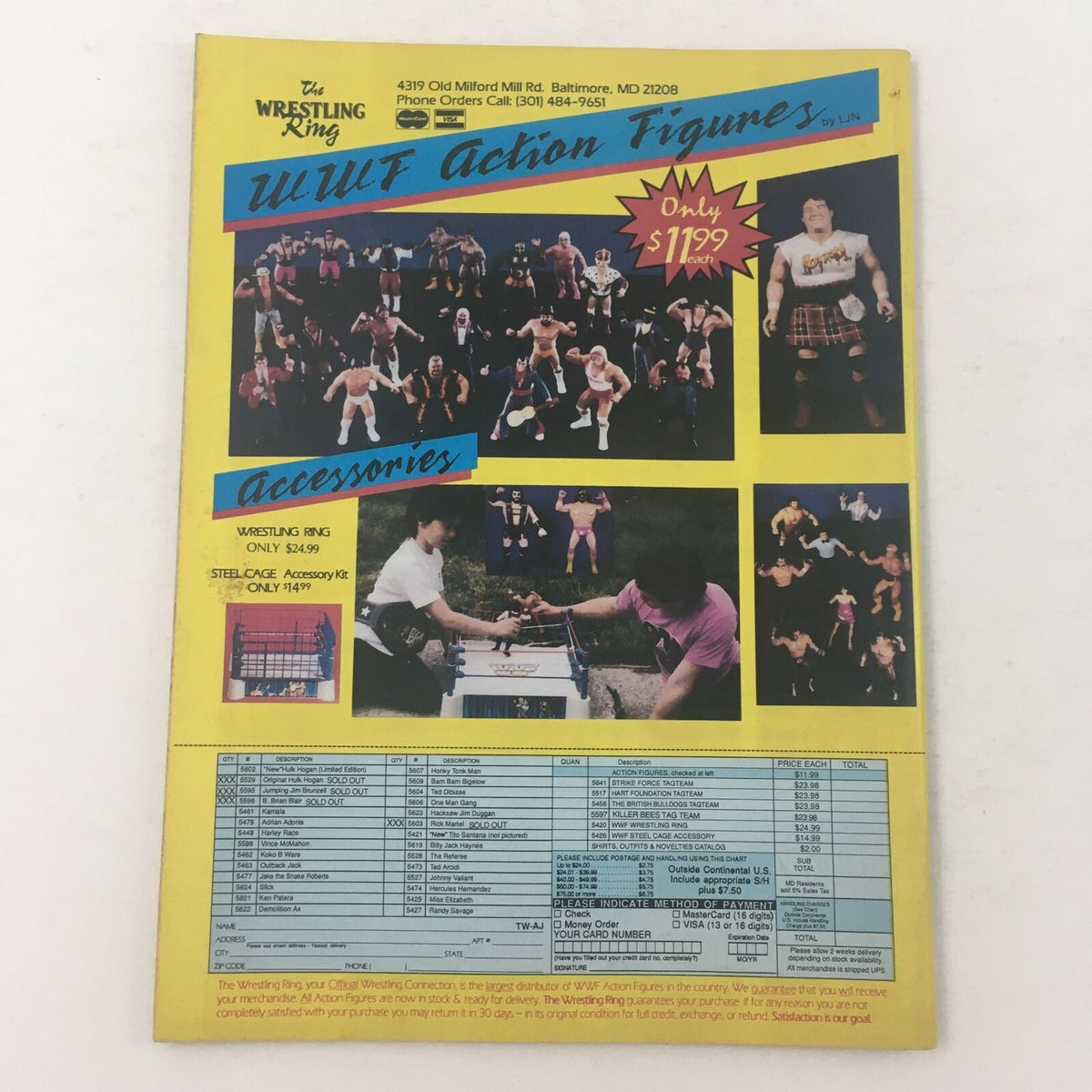 Back cover of The Wrestler Magazine August 1989 featuring promotional content for UWF action figures and wrestling merchandise.