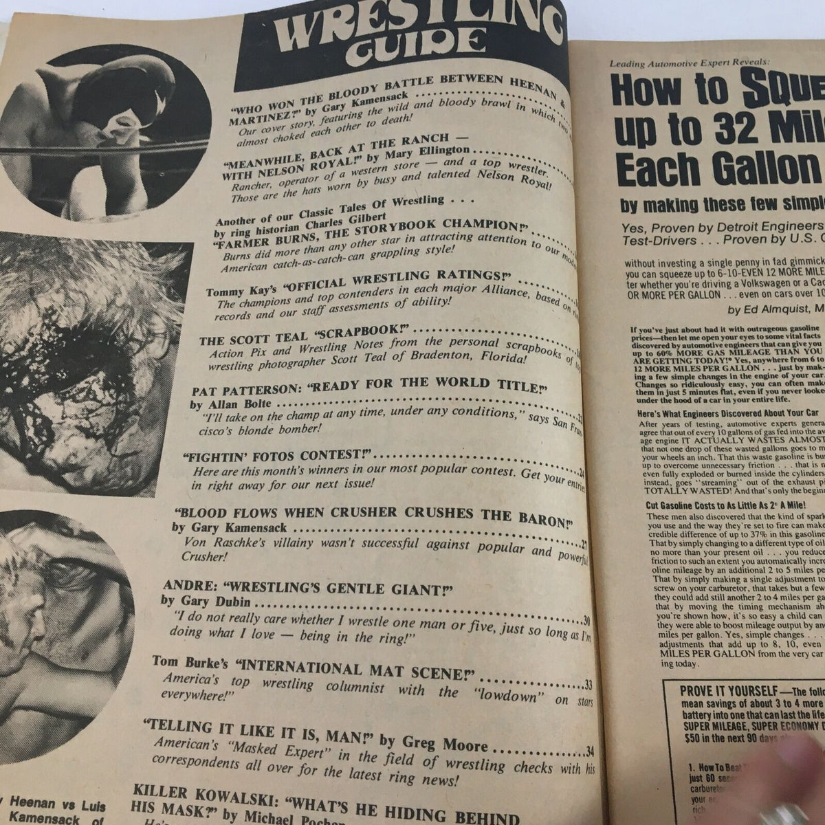 Inside page of Wrestling Guide Magazine December 1974, showcasing articles about wrestling battles, including a feature on Bobby Heenan and Luis Martinez, along with other wrestling insights.