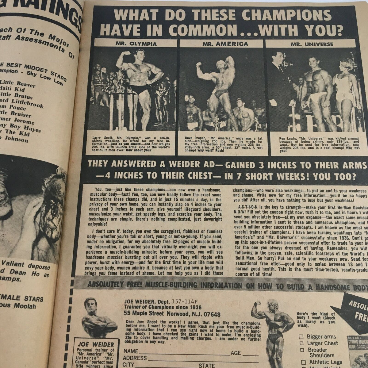 Another inner page of Wrestling Guide Magazine December 1974 presenting ads and features on wrestling champions, with a focus on training and bodybuilding, complementing the wrestling culture of the 1970s.