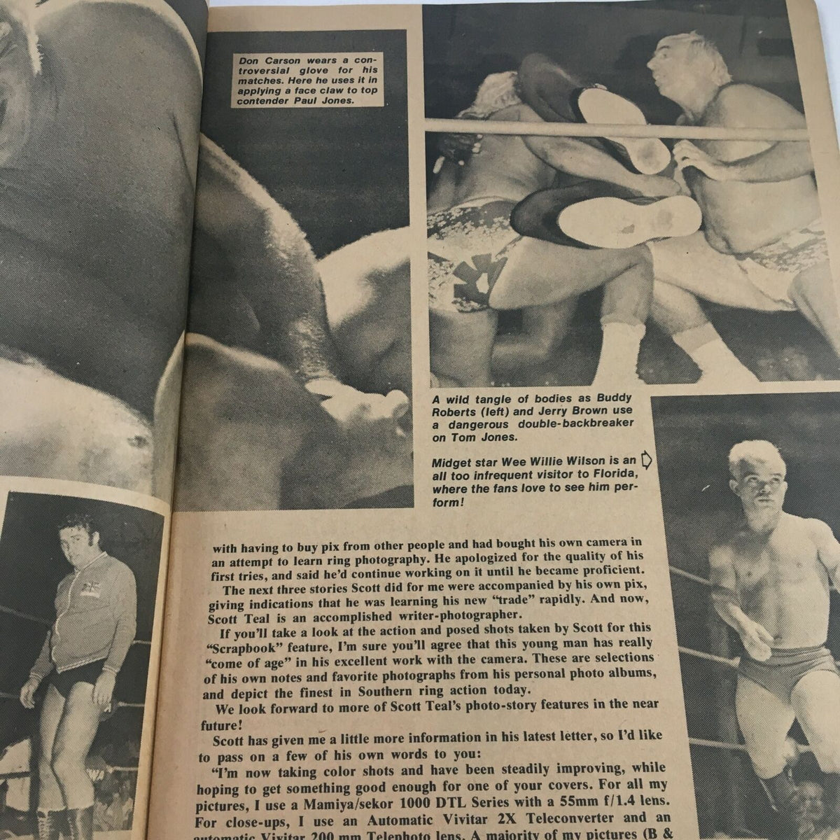 Wrestling Guide Magazine December 1974 featuring Don Carson applying a face claw, and a wrestling scene with Buddy Roberts and Jerry Brown in action.