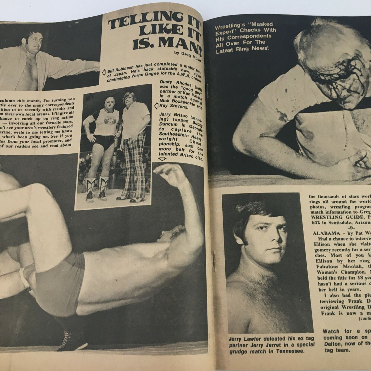 Wrestling Guide Magazine December 1974 depicting wrestling commentary by Greg Morgan, featuring images of various wrestlers in action.