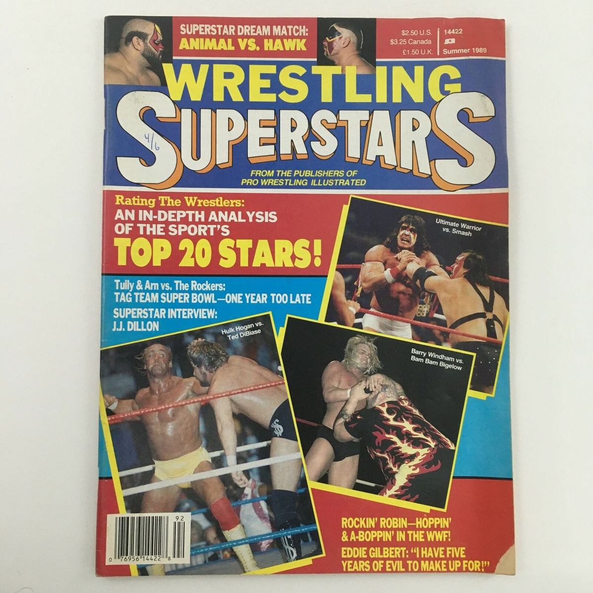 Wrestling Superstars Magazine Summer 1989 featuring Hulk Hogan vs Ted DiBiase & JJ Dillon on the cover, showcasing iconic wrestling moments and promotional content related to 1980s professional wrestling.