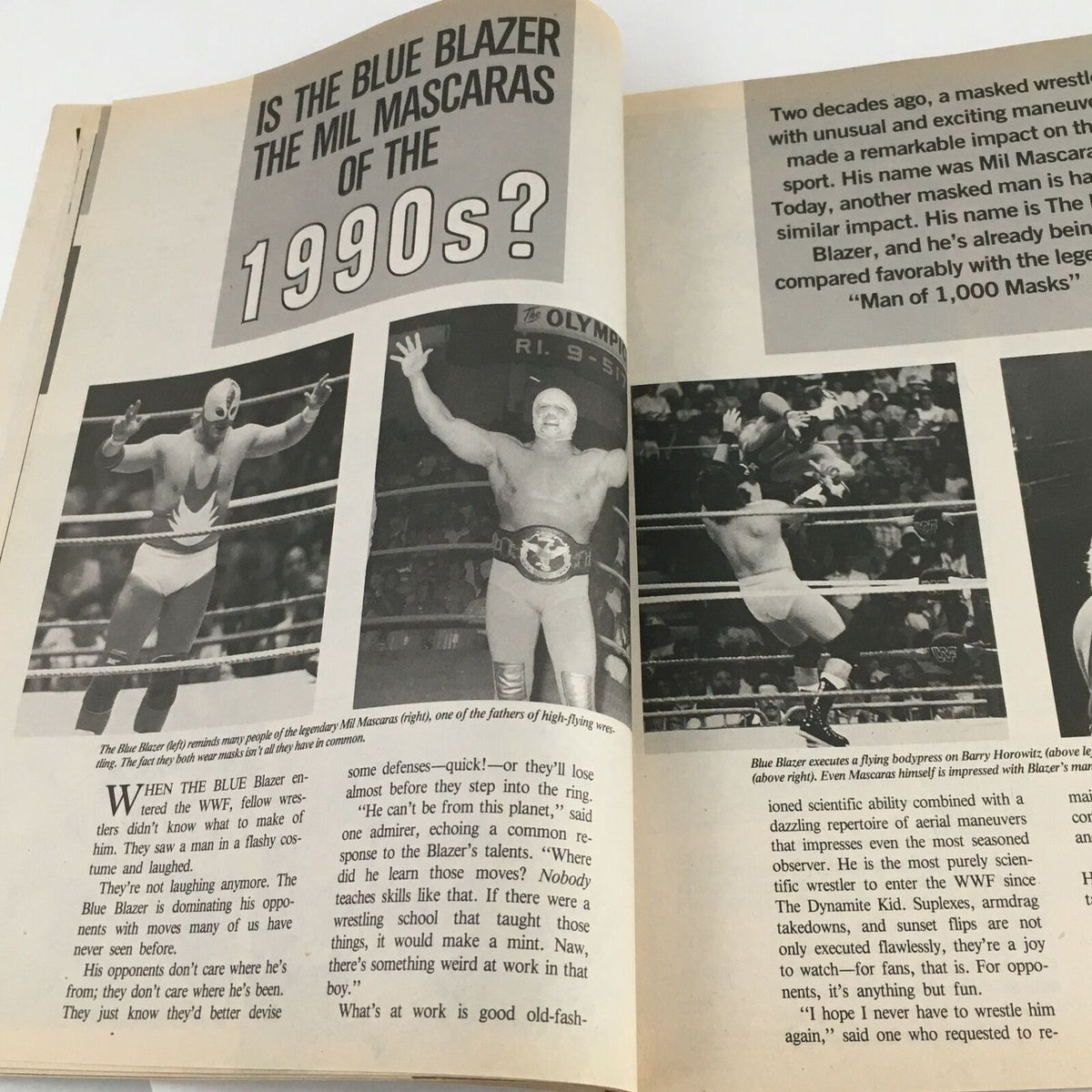 Pages from Victory Sports Wrestling Magazine Spring 1989 featuring an article discussing the Blue Blazer and Mil Mascaras, with action shots of wrestlers in the ring.