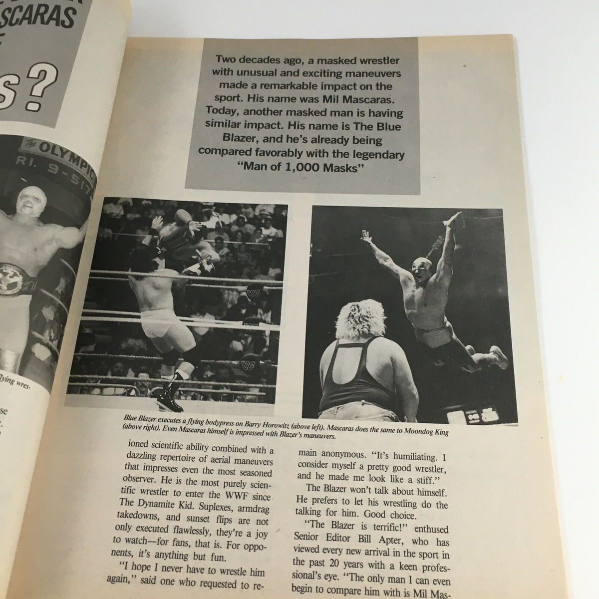 Inside pages of Victory Sports Wrestling Magazine Spring 1989 showcasing aerial maneuvers executed by Blue Blazer, accompanied by commentary on his wrestling style.