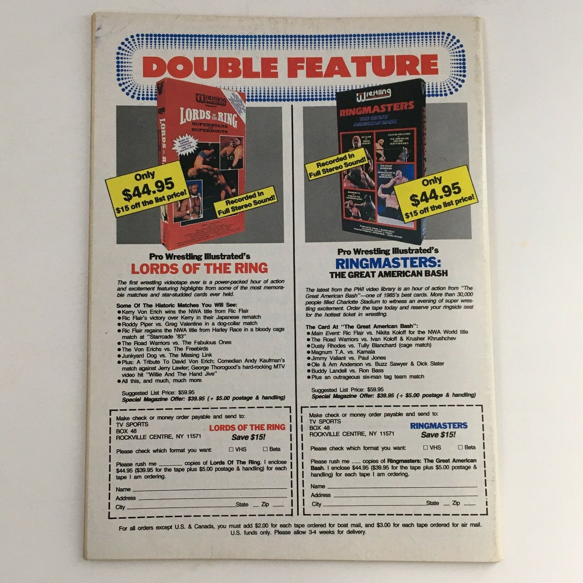 Back cover of Victory Sports Wrestling Magazine Spring 1989 advertising wrestling video products, highlighting the offers on Pro Wrestling Illustrated's 'Lords of the Ring' and 'Ringmasters'.