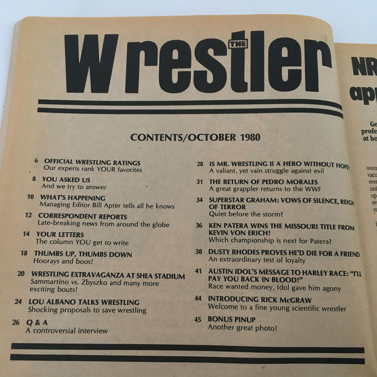 Table of contents for The Wrestler Magazine October 1980, outlining featured articles including wrestling ratings, interviews, and news.