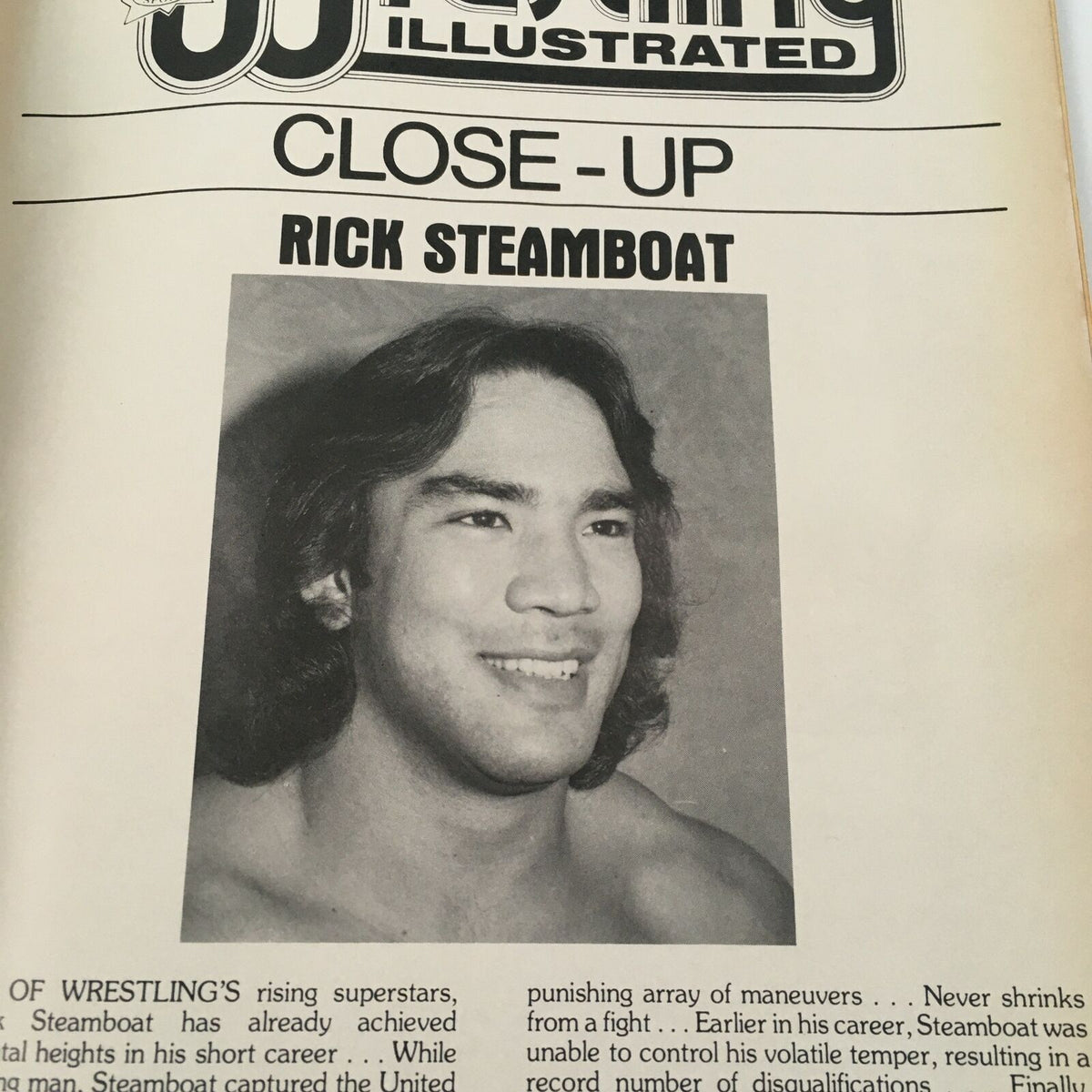 Close-up page from Pro Wrestling Illustrated Magazine featuring Rick Steamboat, discussing his wrestling achievements and career highlights.