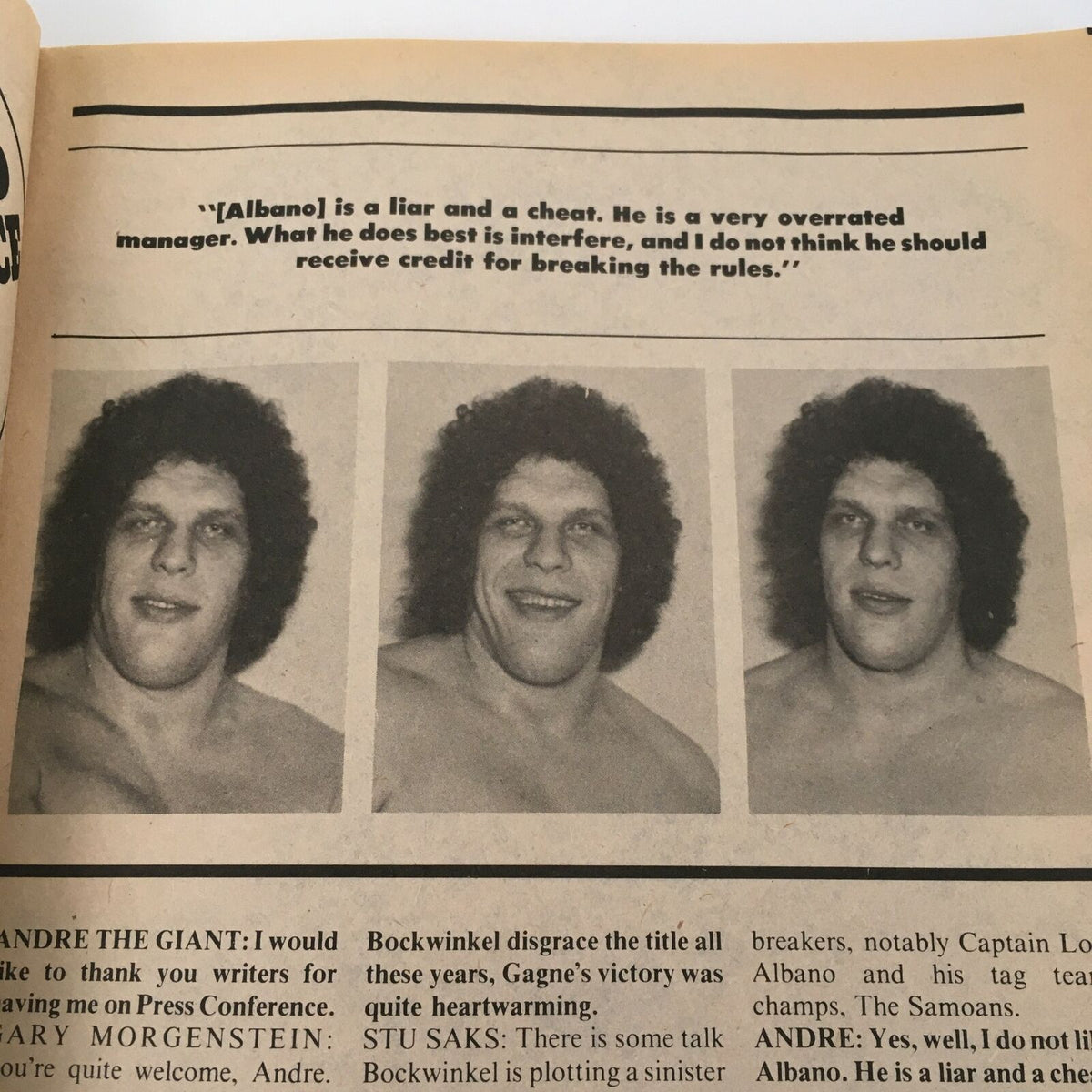Black and white page from Pro Wrestling Illustrated Magazine showcasing three images of Andre the Giant with a quote discussing his feelings about a wrestling manager.