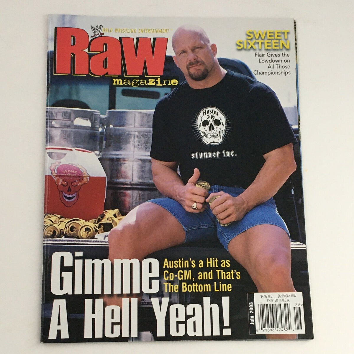 WWE Raw Magazine July 2003 cover featuring Stone Cold Steve Austin, showcasing a powerful image of the wrestling legend sitting confidently.