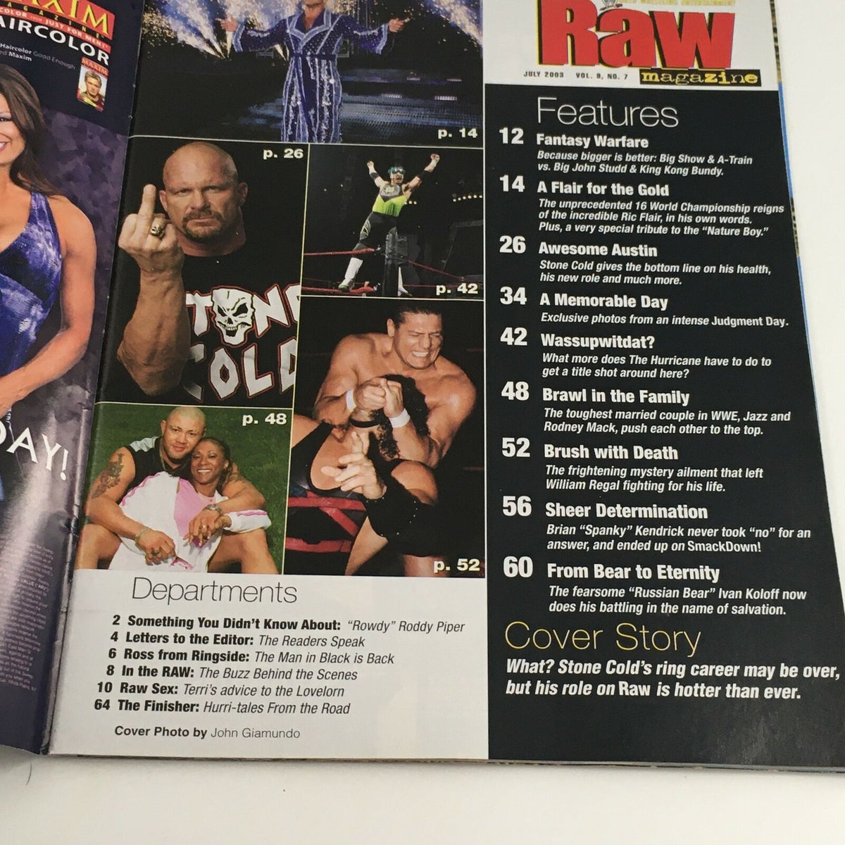 Inside page of WWE Raw Magazine July 2003 featuring various wrestling highlights, including Stone Cold Steve Austin, with a table of contents.
