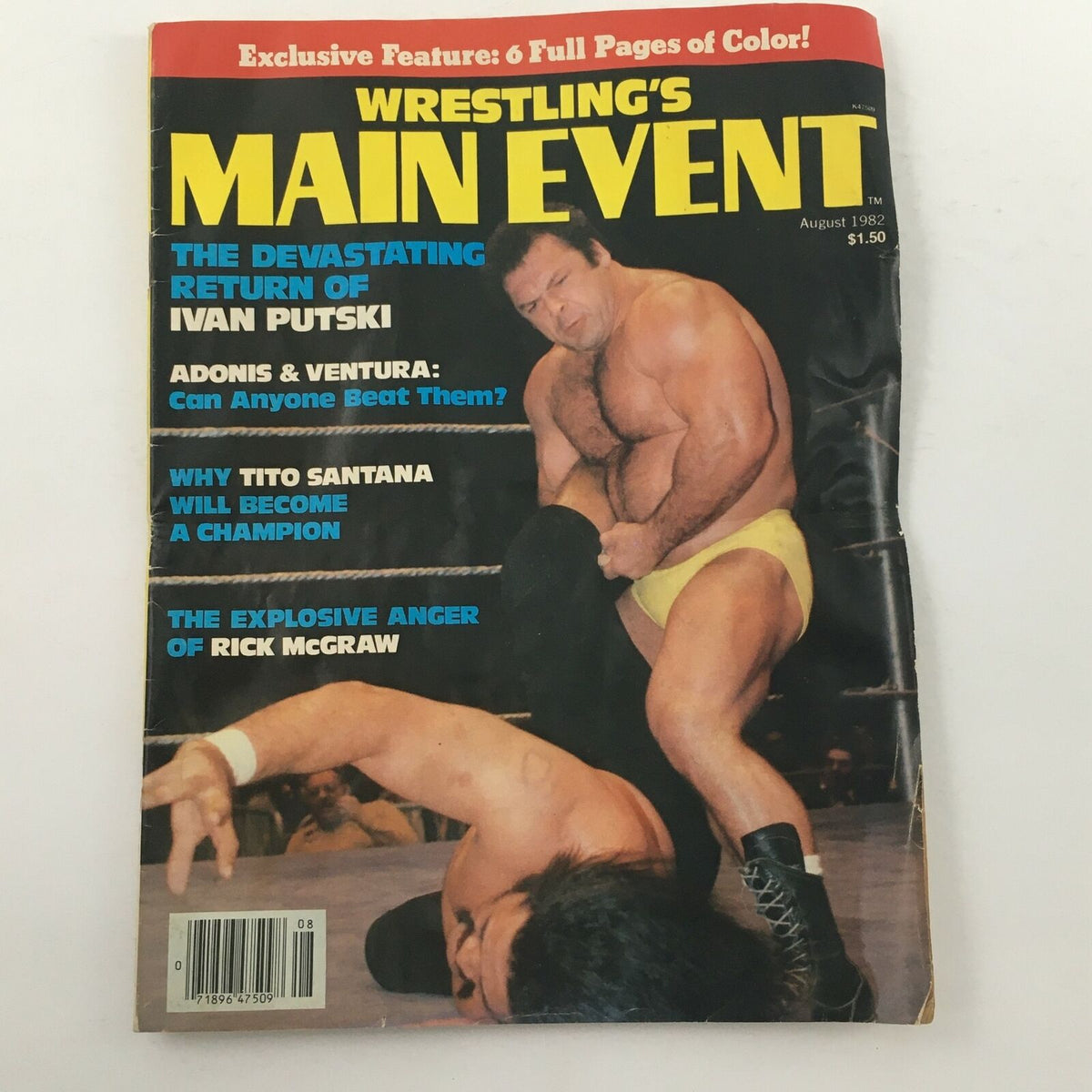 Cover of Wrestling's Main Event Magazine August 1982 featuring Ivan Putski in a wrestling match and highlighting Rick McGraw, with titles such as 'The Devastating Return of Ivan Putski' and 'The Explosive Anger of Rick McGraw'.