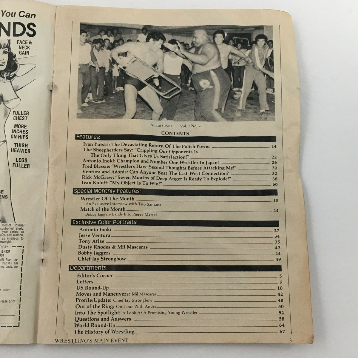 Contents page of Wrestling's Main Event Magazine August 1982, showcasing articles on Ivan Putski, Rick McGraw, and more, with a list of features and monthly highlights.