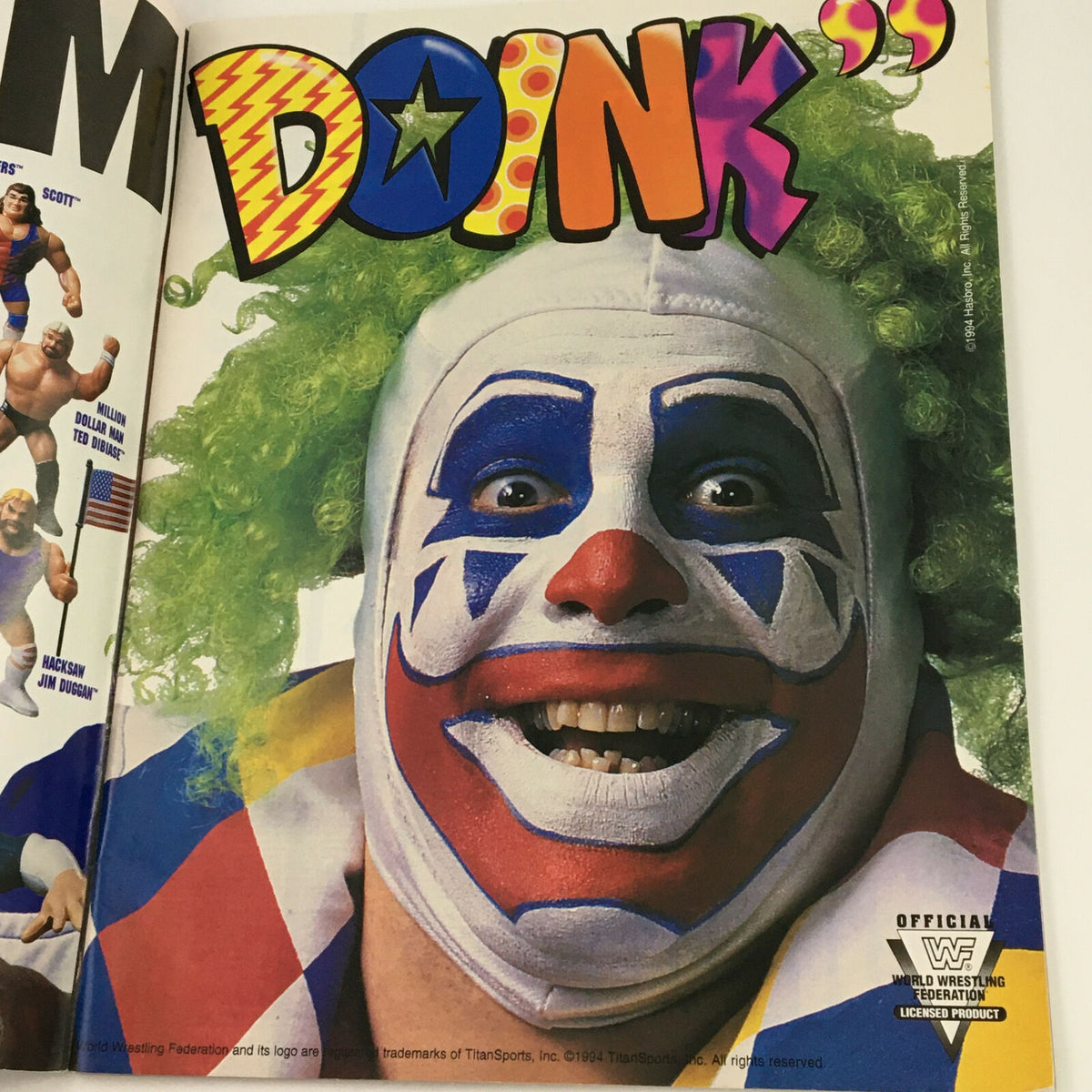 Close-up of Doink The Clown from the World Wrestling Federation Magazine December 1994, showcasing his colorful clown face and vibrant green hair.