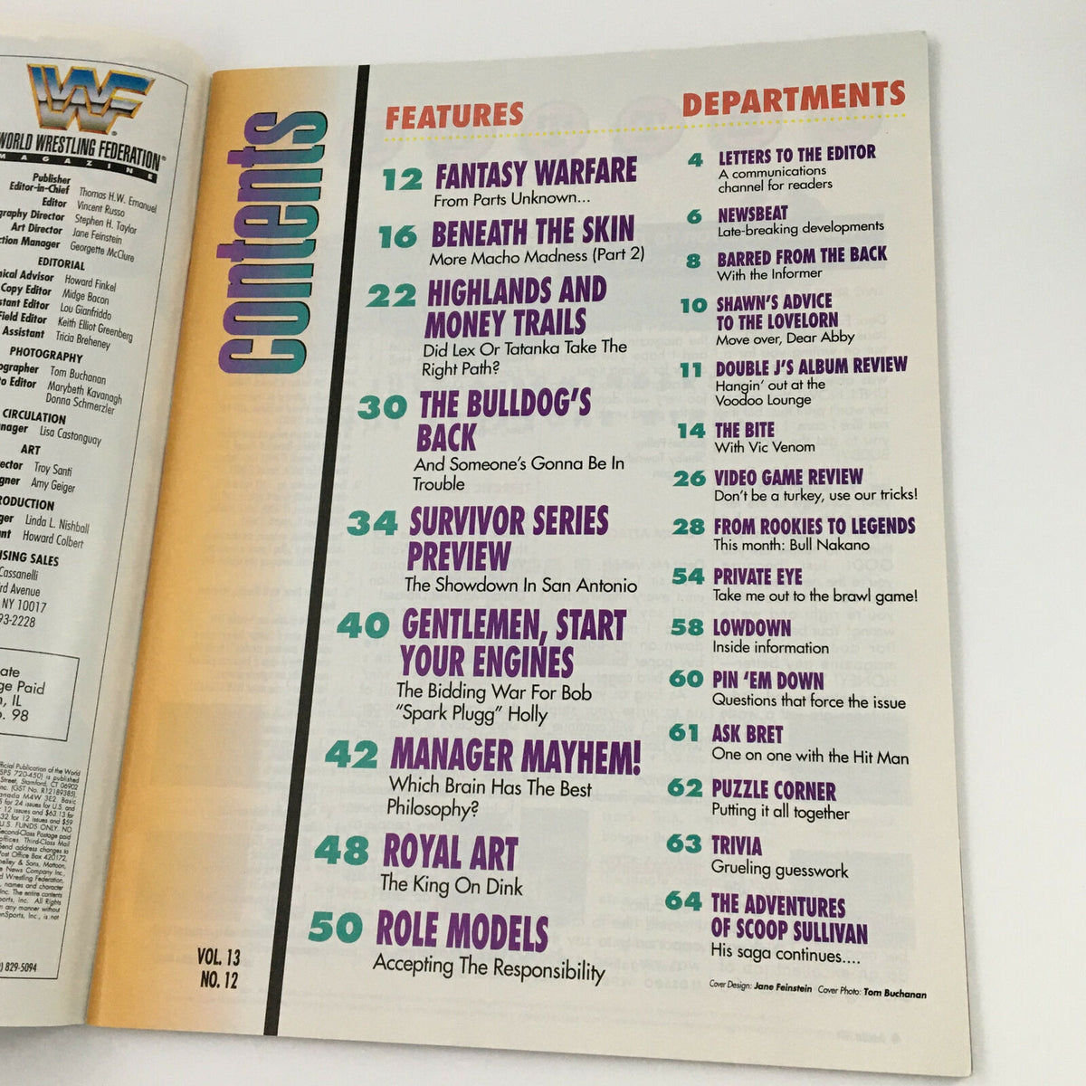 Contents page of the World Wrestling Federation Magazine December 1994 detailing articles and features including special segments on wrestling.