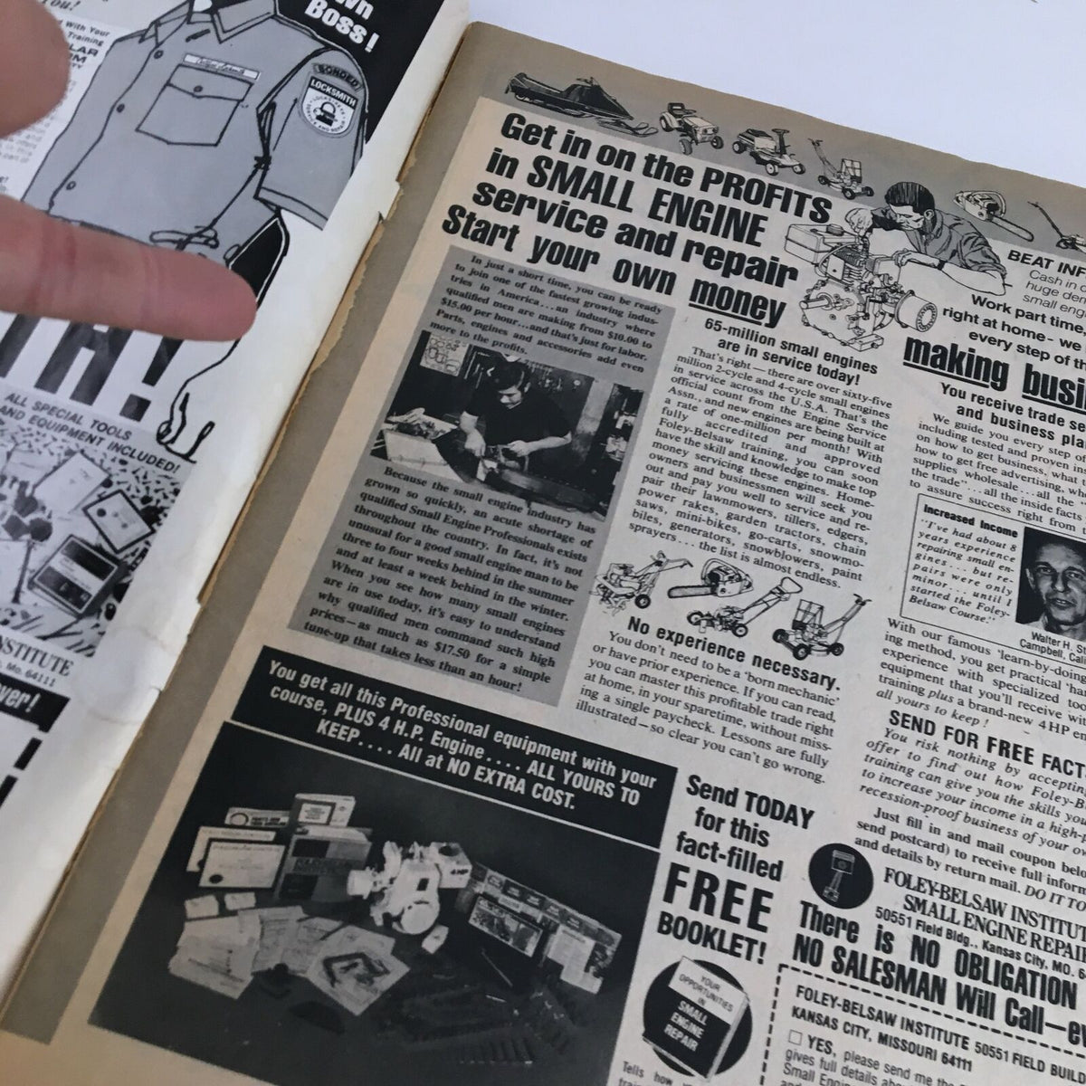 Inside page of The Wrestler Magazine November 1984 with an advertisement for small engine repair services, showcasing period-appropriate visuals and text.