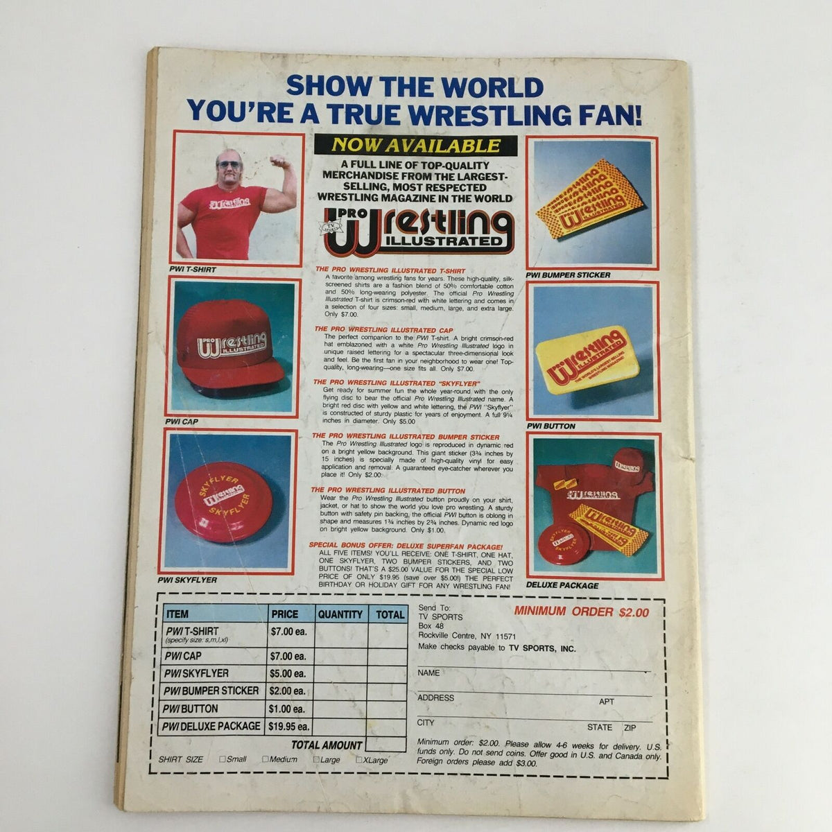 The Wrestler Magazine November 1984 showcasing merchandise advertisement for Pro Wrestling Illustrated, including T-shirts and caps.