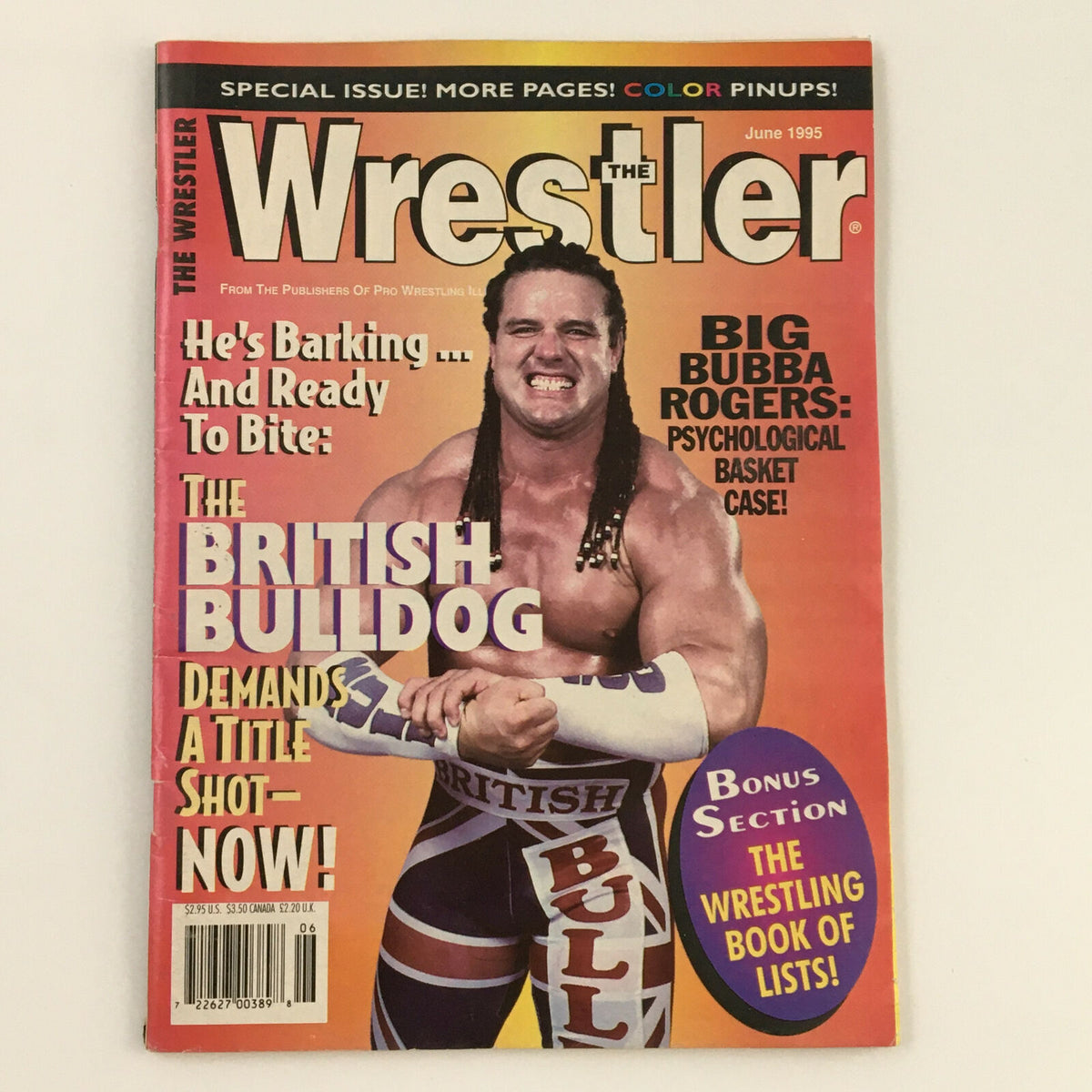The Wrestler Magazine June 1995 cover featuring The British Bulldog, showcasing a vibrant design and headlines about wrestling news, collectibles, and more.