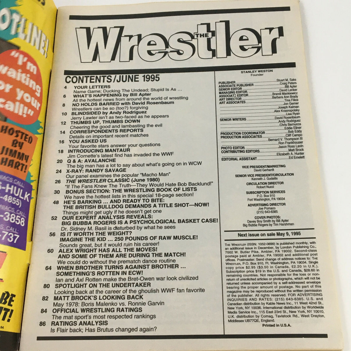 Inside page of The Wrestler Magazine June 1995 displaying the table of contents, revealing features and articles including The British Bulldog and wrestling analysis.