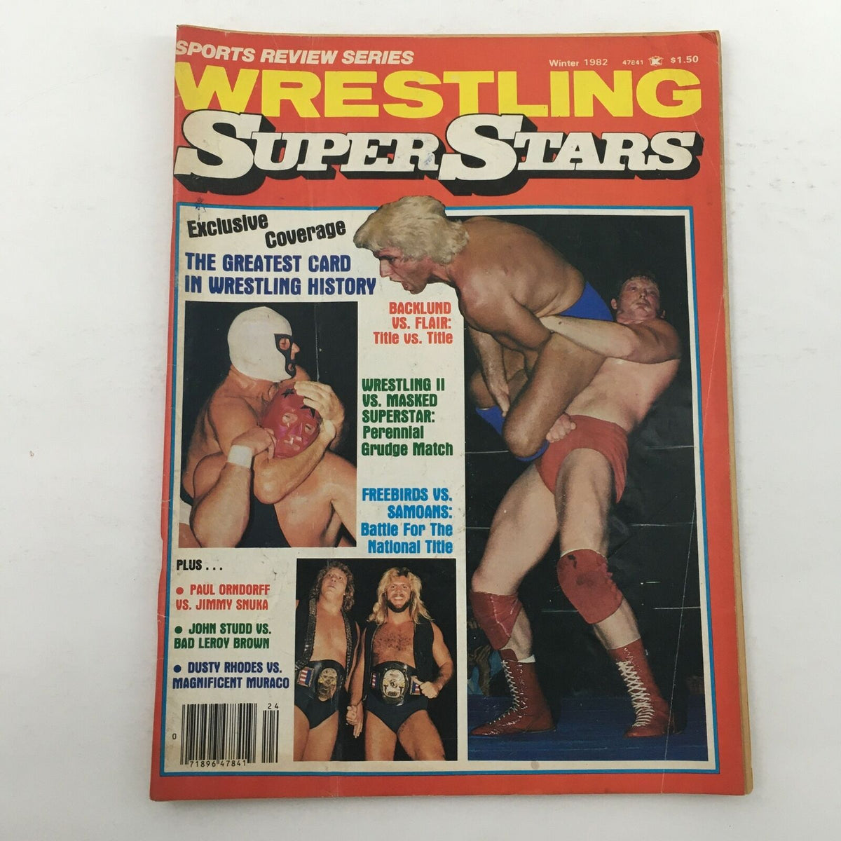 Wrestling Superstars Magazine Winter 1982 featuring Mil Mascaras and Chief Jay Strongbow on the cover, showcasing iconic wrestlers and articles on wrestling history.