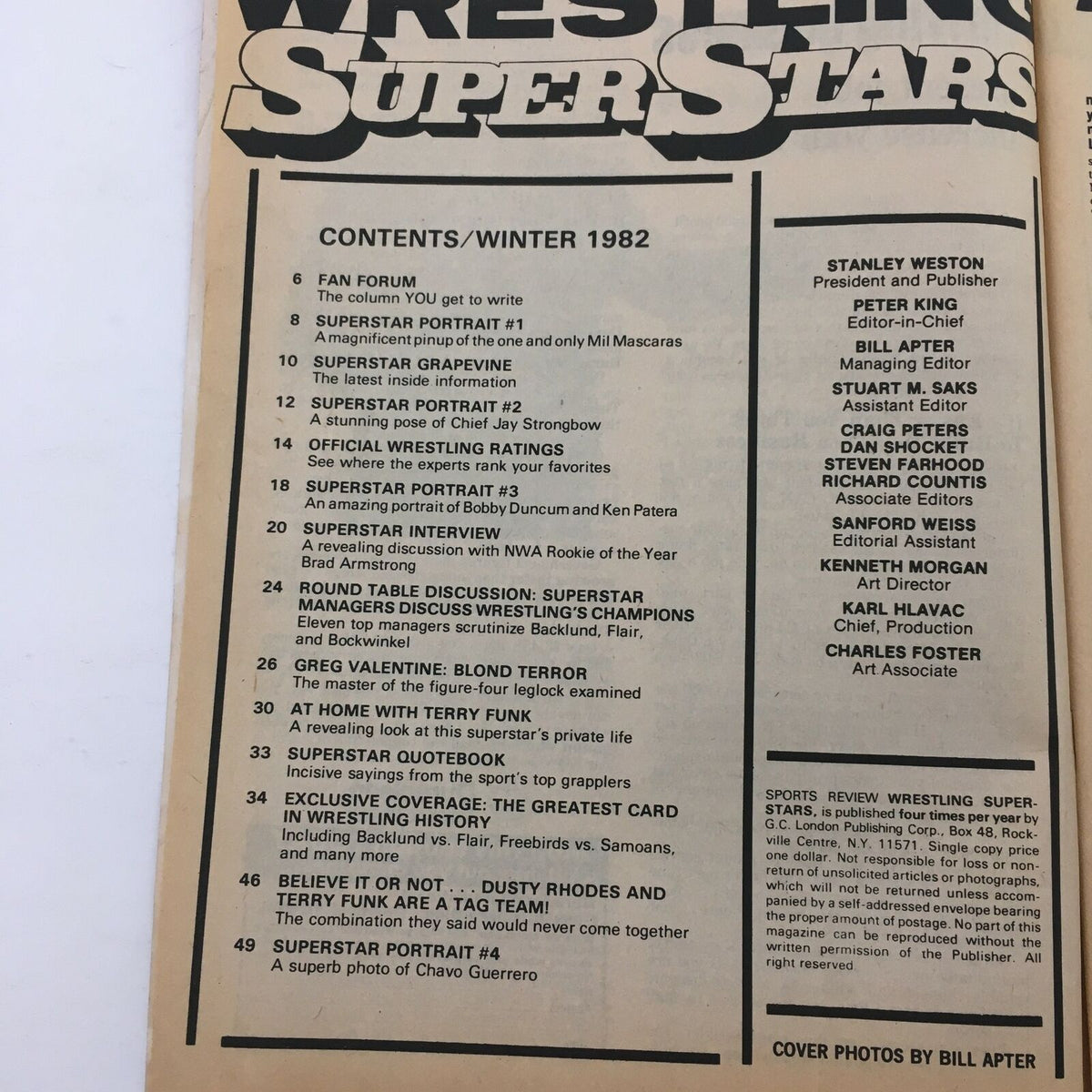 Contents page of Wrestling Superstars Magazine Winter 1982 detailing articles, interviews, and features including Mil Mascaras and Chief Jay Strongbow.