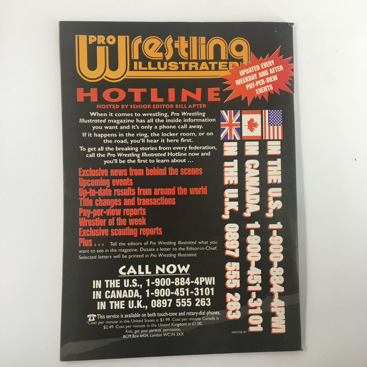 Promotional page from Wrestle America Magazine Winter 1997 advertising the Pro Wrestling Illustrated hotline with details on exclusive wrestling news.