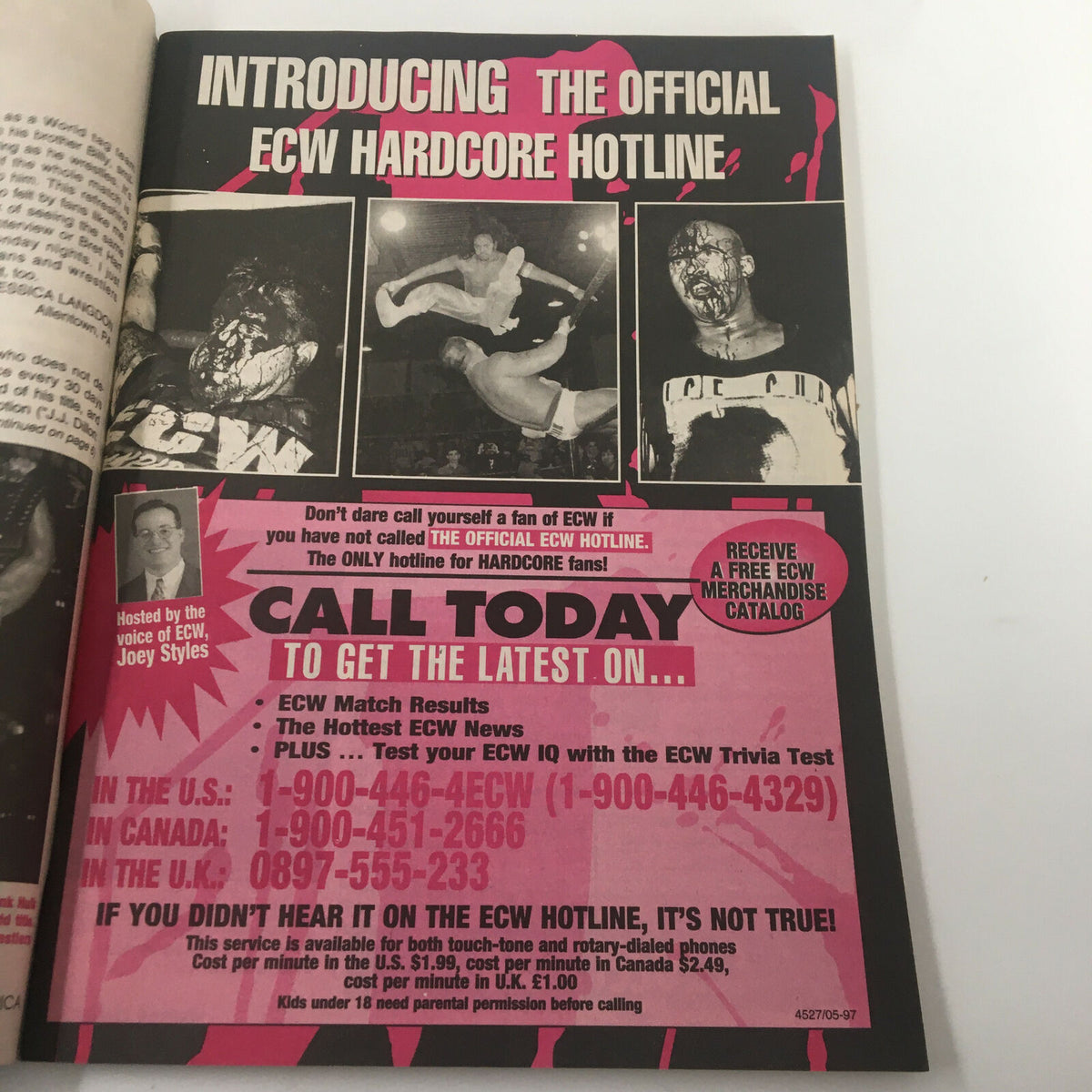 Wrestle America Magazine Winter 1997 page featuring the official ECW Hardcore Hotline advertisement with a call to action for fans.