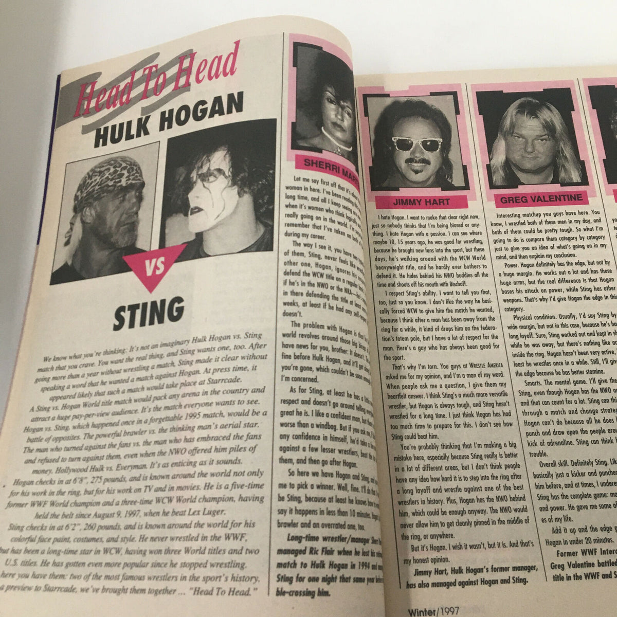 Wrestle America Magazine Winter 1997 page showcasing a 'Head To Head' feature comparing wrestlers Hulk Hogan and Sting.
