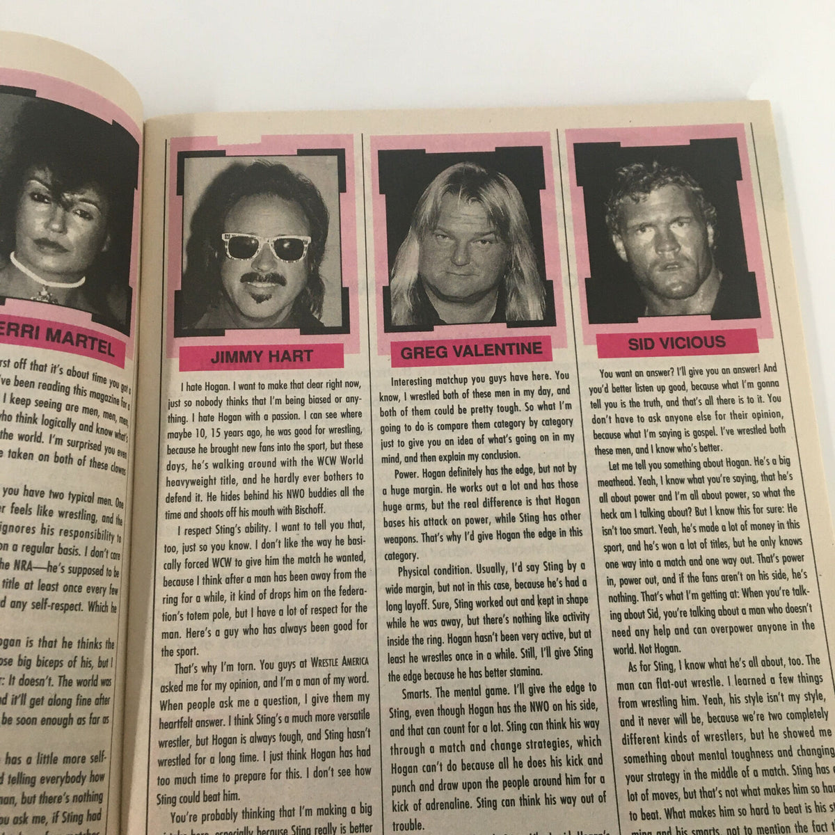 Wrestle America Magazine Winter 1997 page featuring commentary from wrestling personalities Jimmy Hart, Greg Valentine, and Sid Vicious.