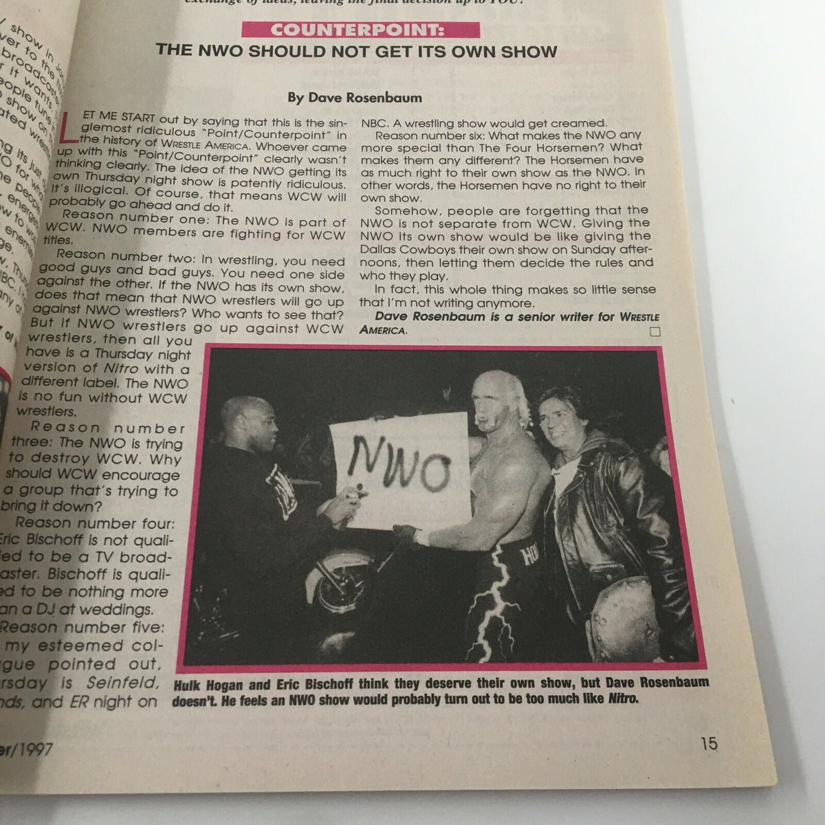 Wrestle America Magazine Winter 1997 page discussing the NWO and its impact on wrestling, presented in a counterpoint format.