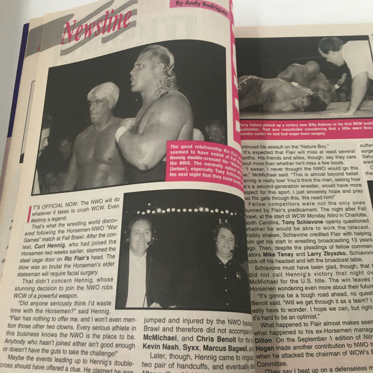 Wrestle America Magazine Winter 1997 page with the Newsline section covering wrestling events and character dynamics.
