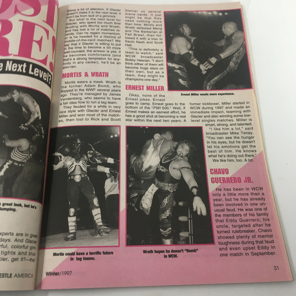 Page from Wrestle America Magazine Winter 1997 featuring wrestlers Mortis, Wrath, Ernest Miller, and Chavo Guerrero Jr. with action shots and highlights of their careers.