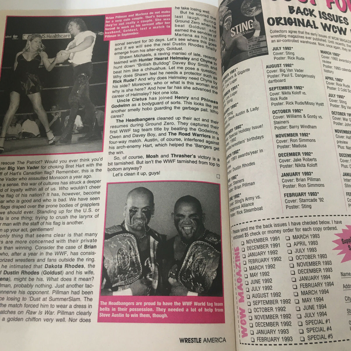 Back issues section of Wrestle America Magazine Winter 1997 showcasing past editions and wrestlers like The Headbangers with their championship titles.