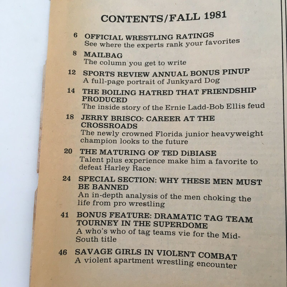 Contents page of Sports Review Wrestling Magazine Fall 1981 showcasing articles including Jerry Brisco's career and a special investigation.