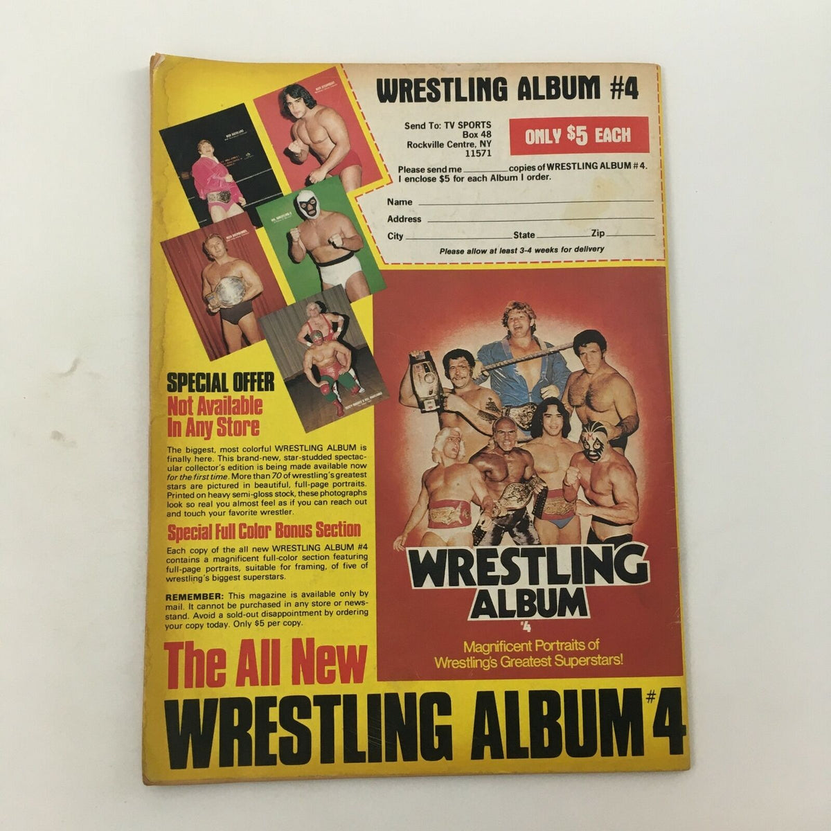 Back cover of Sports Review Wrestling Magazine Fall 1981 promoting Wrestling Album #4 with portraits of wrestling's greatest superstars.