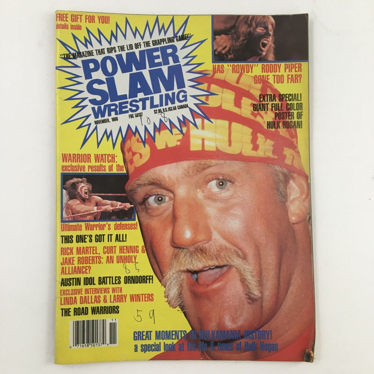 Power Slam Wrestling Magazine November 1990 featuring iconic wrestlers Hulk Hogan and Roddy Piper on the cover, highlighting wrestling history and collectible memorabilia.