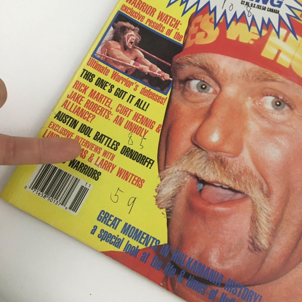 Close-up of Power Slam Wrestling Magazine November 1990 cover, showcasing Hulk Hogan's image and text detailing exclusive interviews and features from the wrestling era.