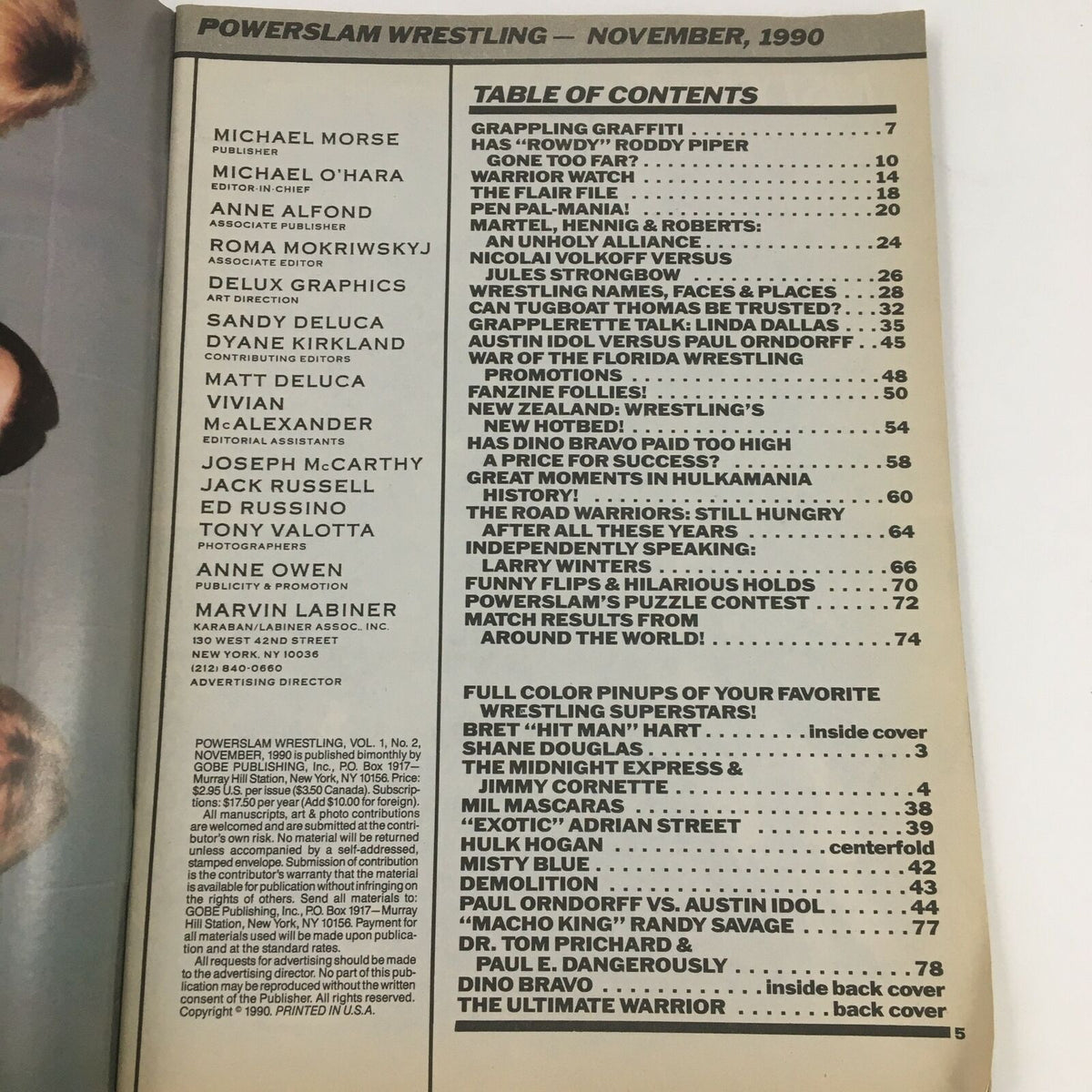 Table of Contents of Power Slam Wrestling Magazine November 1990, featuring leading wrestlers and articles about wrestling culture.